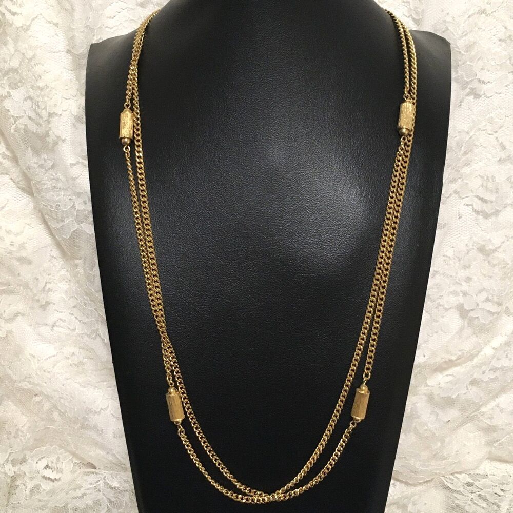 Vintage Monet Chain Necklace Gold Tone Brushed Barrel Beads 54" Flapper Length